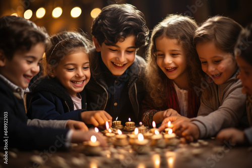 A joyful group of children playing the dreidel game during Hanukkah festivities. Generative Ai.