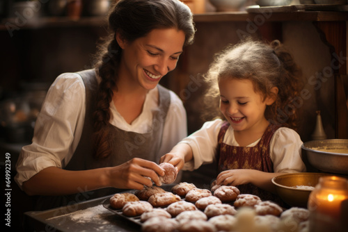 A mother and daughter making homemade sufganiyot, a cherished Hanukkah tradition. Generative Ai.