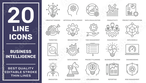 Business Intelligence icons set. Different Business Intelligence tools. Editable Stroke. EPS 10