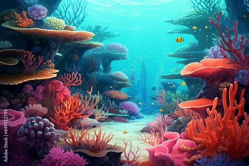 Background with vibrant red coral reef, damsel fishes, and corals. Generative AI