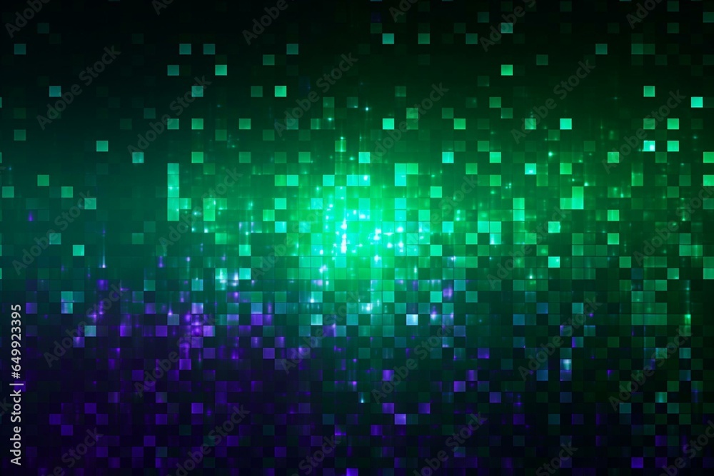 Abstract pixelated animation with luminance laser and purple light glow on a green background. Generative AI