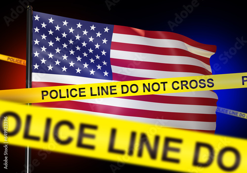 USA flag with police ribbon. Scene of crime. Police line do not cross. Crime in USA. Committing crime in America. Criminal situation in USA. Yellow police tape. US state border concept. 3d image