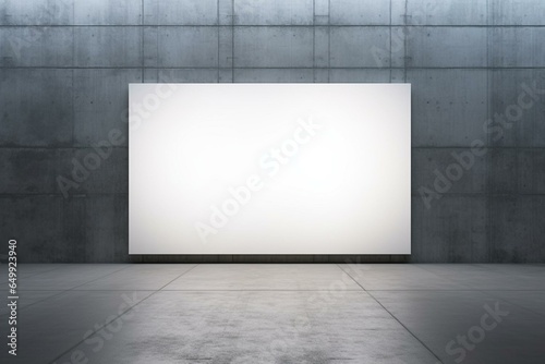 Large blank billboard with white indoor light in a square. Gray empty wall background. Finest. Generative AI