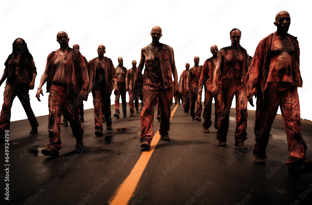 Obraz premium group of zombies. horde of living dead zombies. transparent PNG background. walking down a highway.