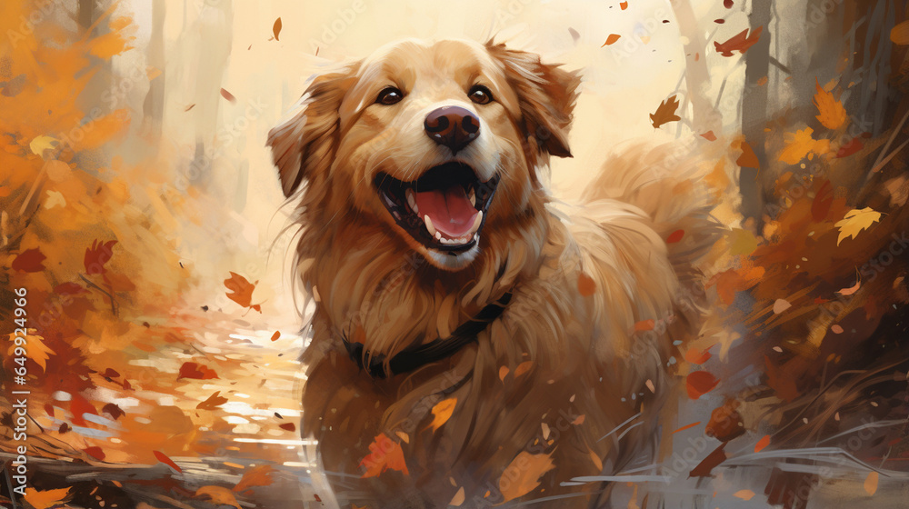 Amidst the vibrant tapestry of autumn leaves, a joyful dog frolics with boundless delight. Its furry form blends seamlessly with the golden and crimson foliage as it dashes through