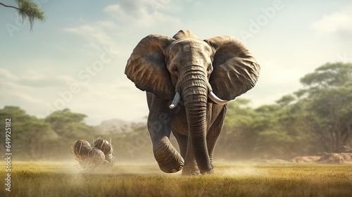  a large elephant walking through a lush green field next to a forest. generative ai