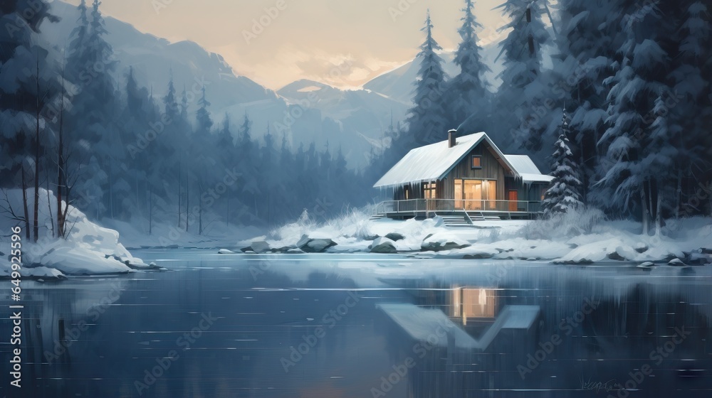  a painting of a cabin by a lake with snow on the ground.  generative ai - obrazy, fototapety, plakaty 