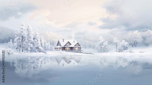  a painting of a house on a lake with snow on the ground. generative ai
