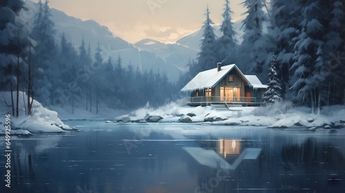  a painting of a cabin by a lake with snow on the ground.  generative ai © Anna