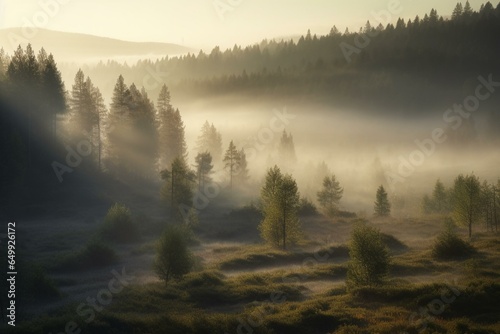 A misty morning in the valley, with pine trees in the forest. Generative AI