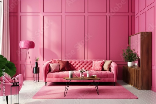 Vibrant living room adorned with pink wall panels. Generative AI