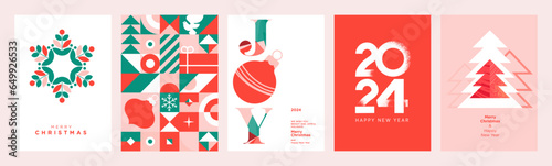 2024 Merry Christmas and Happy New Year greeting cards set. Vector illustrati...