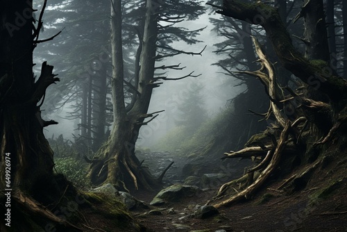 Enigmatic woods engulfed in mist. Generative AI