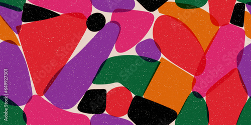 90s style retro seamless pattern with geometric shapes. Multi colored curved spots. Stained pattern with grainy texture. Risograph style background with layering and shifting shapes