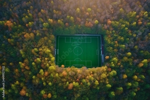 Bird's-eye view. Sport, competition, victory, action. Open space for championships, football field. All green. Soccer stadium in thick woodland. Generative AI
