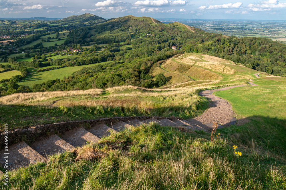 British Camp hill fort,stairs and pathway leading north, across the Malvern Hills,Herefordshire,England,United Kingdom.
