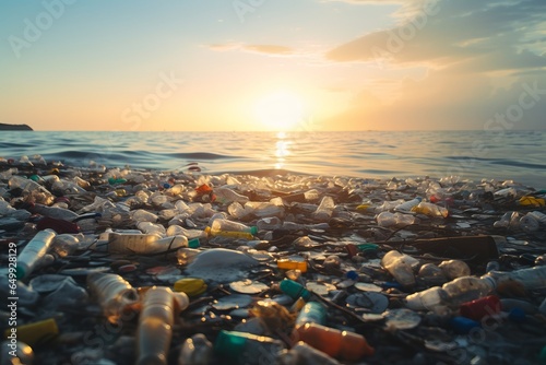 lots of plastics and garbage floating in the sea water filling it of pollution © urdialex