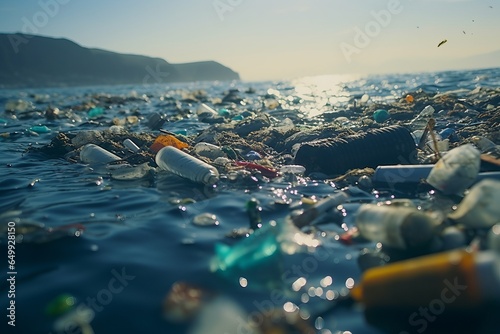 lots of plastics and garbage floating in the sea water filling it of pollution