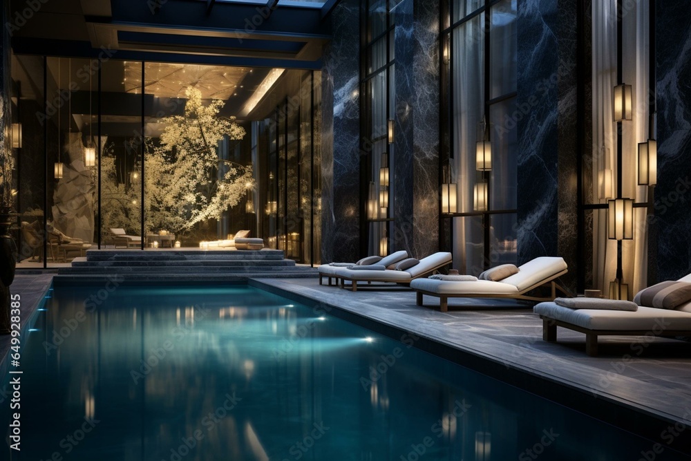 Stylish relaxation haven featuring an exquisite indoor water pool. Generative AI - obrazy, fototapety, plakaty 