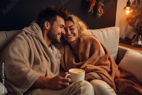 Cheerful young couple sipping their coffee while wrapped in warm blankets on the couch at home. The room emanates a cozy autumn-winter atmosphere, with soft lighting casting a gentle glow.