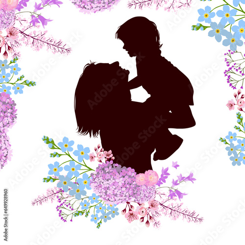 Beautiful mother silhouette with baby. Vector illustration. Happy Mothers Day Greeting Card.