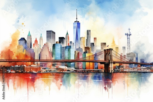 Vibrant watercolor New York skyline illustration. Generative AI