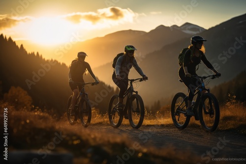 group of friends riding mountain bikes in the countryside at sunset