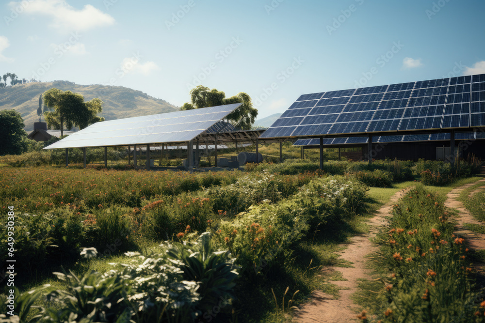 A sustainable farm employing wind and solar energy to power agricultural operations. Generative Ai. A sustainable farm employing wind and solar energy to power agricultural operations. Generative Ai.