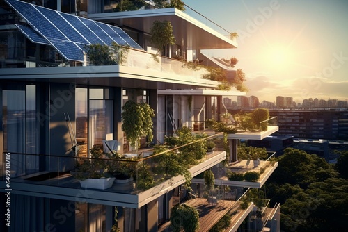 Renewable energy on balcony in sustainable building. Solar powers apartments. Generative AI © Altair