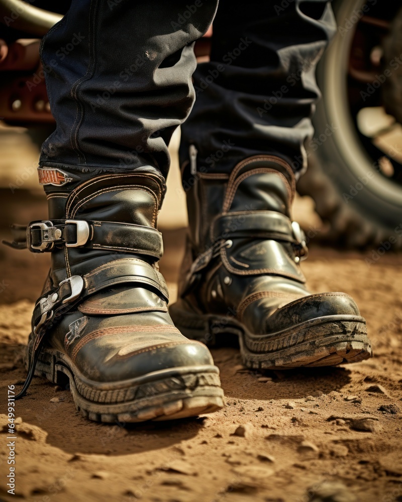 A detailed close-up of a pair of boots resting on a dirt ground. This image can be used to depict outdoor activities, adventure, or exploration. A detailed close-up of a pair of boots resting on a dirt ground. This image can be used to depict outdoor activities, adventure, or exploration.