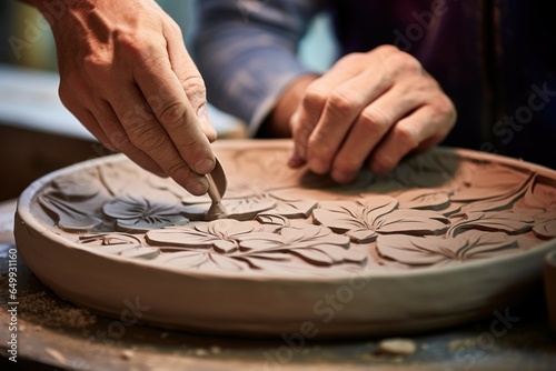 A close-up view of a person carving a plate with a knife. This image can be used to showcase the art of plate carving or as a representation of culinary skills.