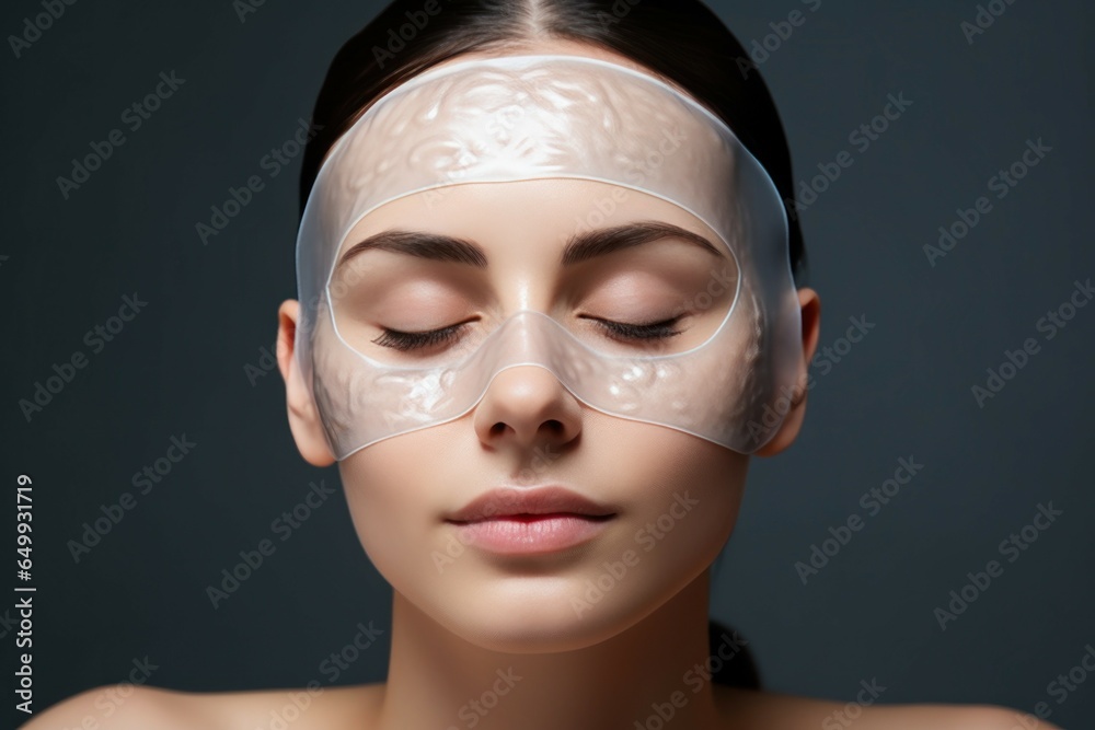 A woman wearing a sheet mask on her face, providing hydration and nourishment to the skin. Ideal for skincare and beauty-related projects. A woman wearing a sheet mask on her face, providing hydration and nourishment to the skin. Ideal for skincare and beauty-related projects.
