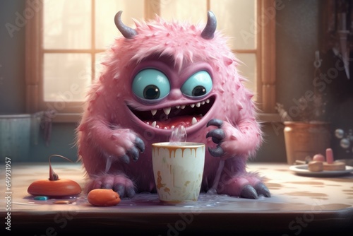 Cute monster eating. Funny kid bakery. Generate Ai photo