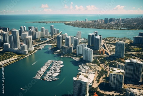 Bird s-eye perspective of Miami s urban landscape and coastal areas in Florida  USA. Generative AI