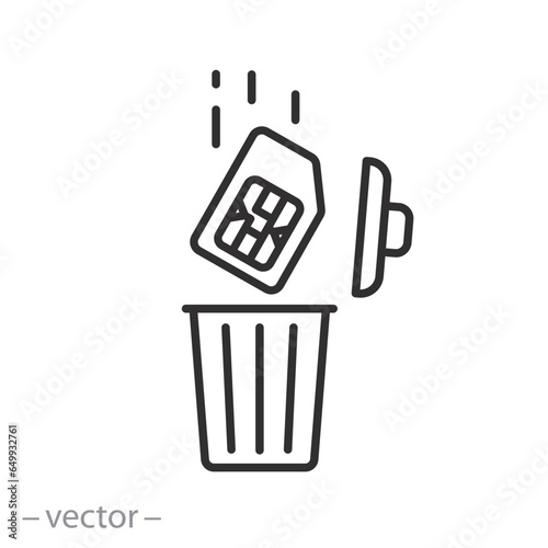 sim card in trash bin icon, communication without a simcard, thin line symbol on white background - editable stroke vector illustration eps10
