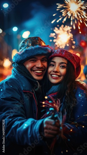 A man and a woman holding their hands. Sparklers are in wintertime. Generative AI.