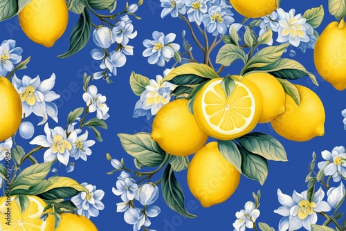 Endless pattern of blue tiles and yellow lemons inspired by Sicilian tradition. Perfect for fabric, wallpaper, and more. Generative AI