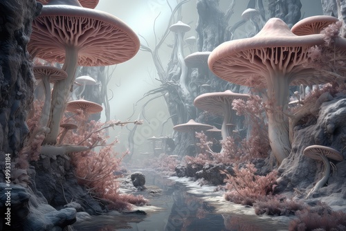 sztuka komputerowa przedstawiajaca swiat w krainie grzybów, zwariowany las grzybów