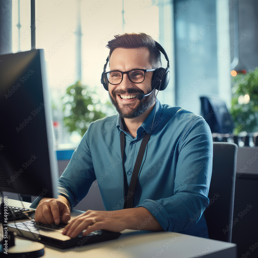 © Fabian - Trabajador del centro de llamadas siempre sonriente operador de atención al cliente en el trabajo joven empleado que trabaja con un auricular © Fabian - Trabajador del centro de llamadas siempre sonriente operador de atención al cliente en el trabajo joven empleado que trabaja con un auricular