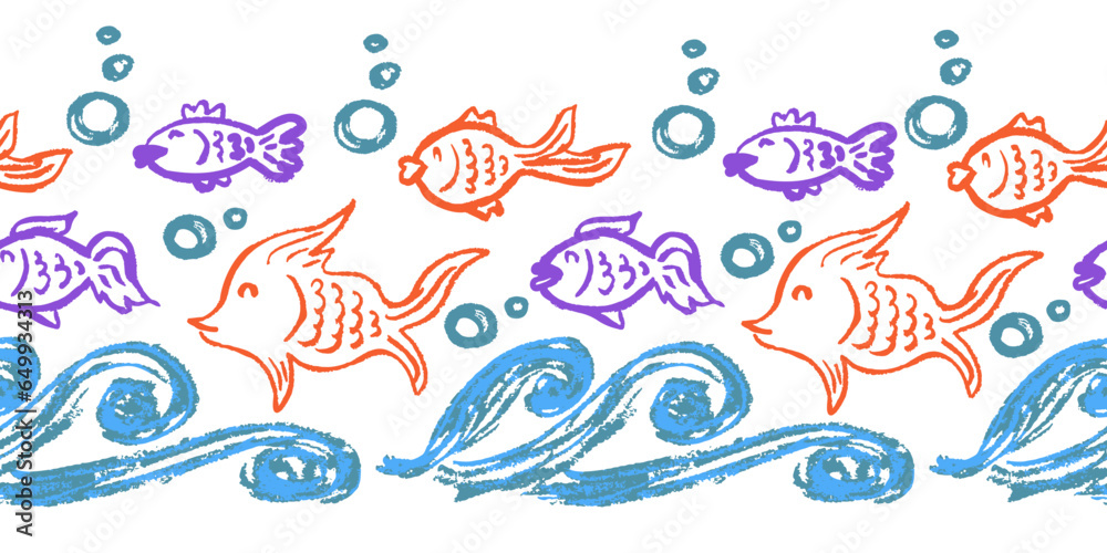 Cute seamless border. Drawings with wax crayons. Design for paper, fabric, interior decor and other use