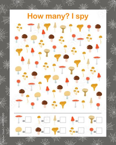 Autumn mushroom I spy, How many counting educational game for kids, Halloween holiday vector illustration, educational puzzle, printable worksheet for kids, leisure or study game, teachers resources