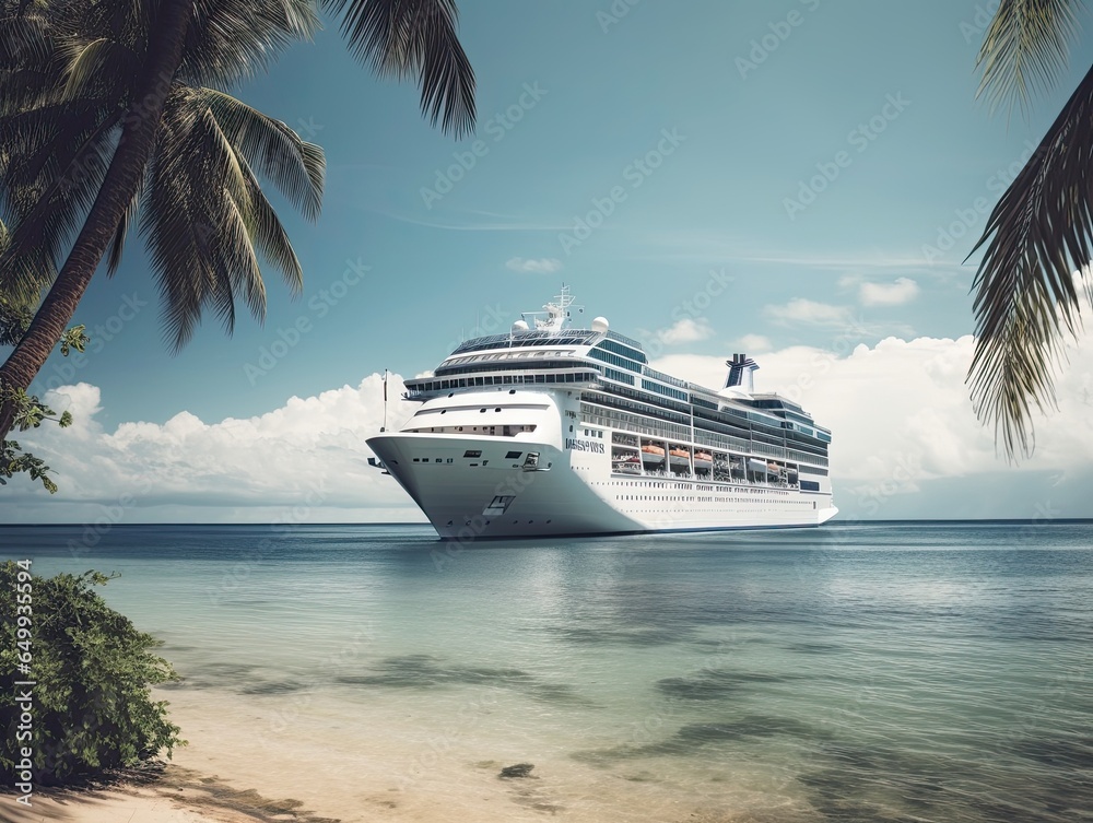 Naklejka premium Luxury cruise ship departing from a tropical port