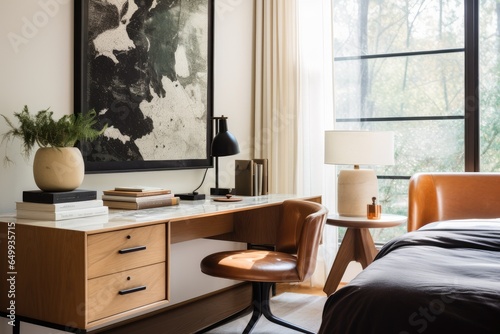Tastefully Designed Bedroom with Organized Workspace, Black Bed, Books, Plants, Framed Print, and Calming Atmosphere with Wood Desk Area © Bryan