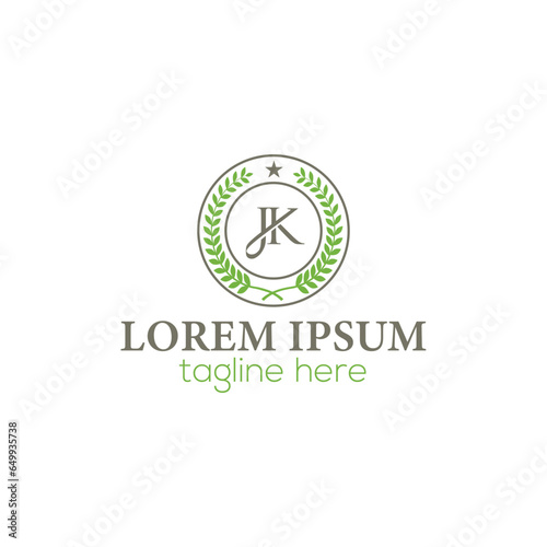 Circular JK, KJ letter laurel wreath element logo for winner, award, champion, achievement. Emblem floral Greek branch logo vector