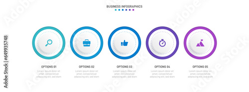 Timeline infographic with infochart. Modern presentation template with 5 spets for business process. Website template on white background for concept modern design. Horizontal layout. photo