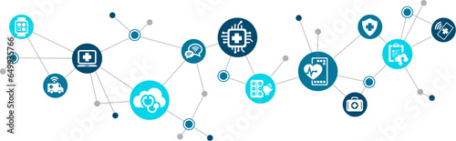 E-health / digital medical technology / smart innovation in healthcare vector illustration. Concept on virtual interfaces, electronic medicine, iot tech & devices for diagnostics & patient monitoring.