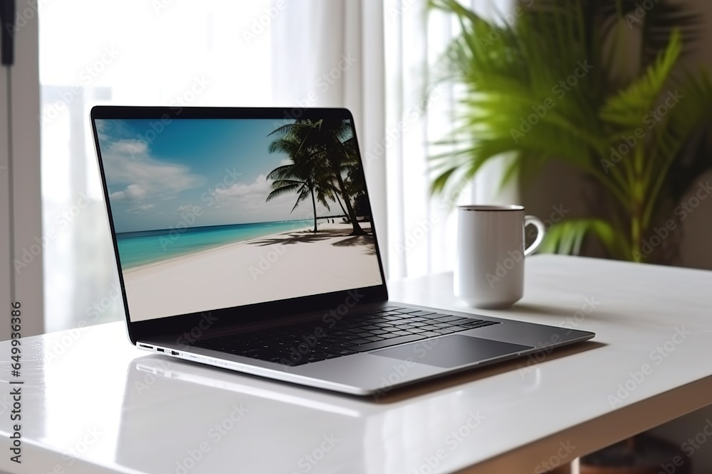 Das Laptop-Business der digitalen Normaden. Arbeiten im Homeoffice von zu Hause mit Kaffee am Morgen.