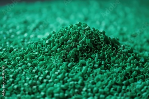 Grünes Kunststoffgranulat wird zu neuem, wiederverwendetem Material. Recycelter Kunststoff mit Farben für die Recyclingfabrik