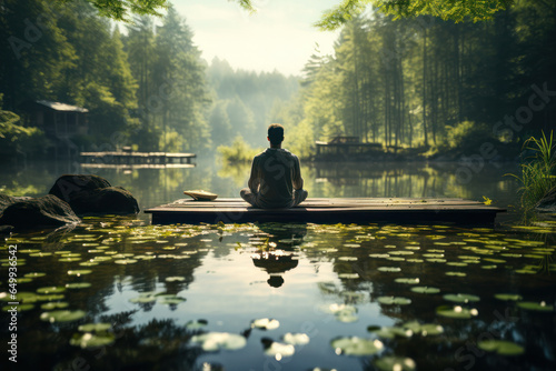 A person practicing yoga in a tranquil natural setting, illustrating the importance of mindfulness for mental well-being during isolation. Concept of inner peace. Generative Ai.