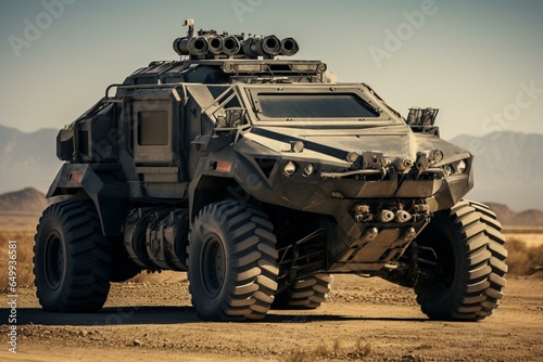 Close-up shot of heavily-protected military vehicle. Generative AI